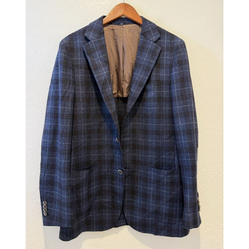 SUITSUPPLY Men's Navy Blue Havana Blazer 40L Plaid Wool Cashmere ETHOMAS Pockets